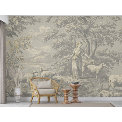 Toile De Jouy en gris doux blanc avec contour doré | Murale à peler et coller rétro pastorale | Décoration de salle de bain luxueuse (Peel-N-Stick) 