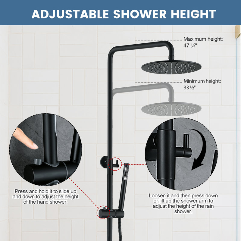 47"H Solid Brass Wall Mounted 3-Functions Exposed Complete Shower System with Slide Bar with Tub Spout, Matte Black