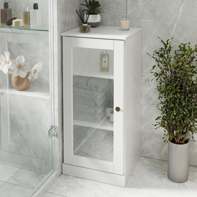 Armoire de salle de bain 100% bois massif 16,5 po avec porte en verre transparent et tablettes réglables