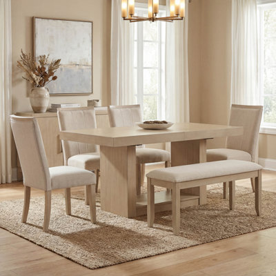 Contemporary Extendable Dining Table Set with Bench, 6-Piece Includes Pedestal Table, 4 Upholstered Chairs and Removable Leaf