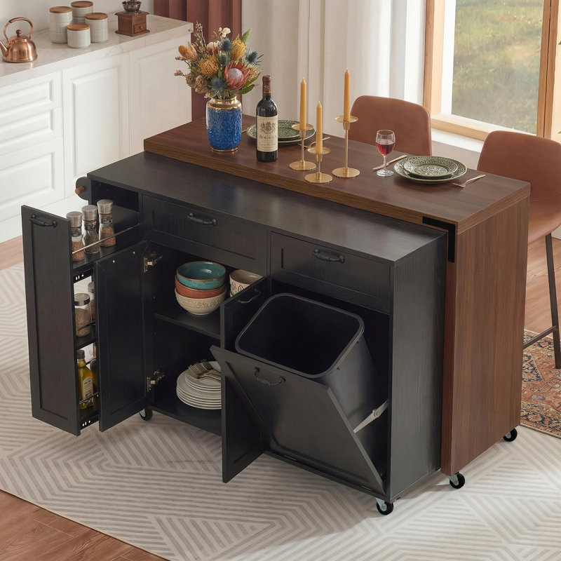 Îlot de cuisine de 102,3 po de largeur avec table de salle à manger - Chariot roulant mobile avec armoire à ordures inclinable - Support à épices coulissant à 3 niveaux et 3 tiroirs - Noir