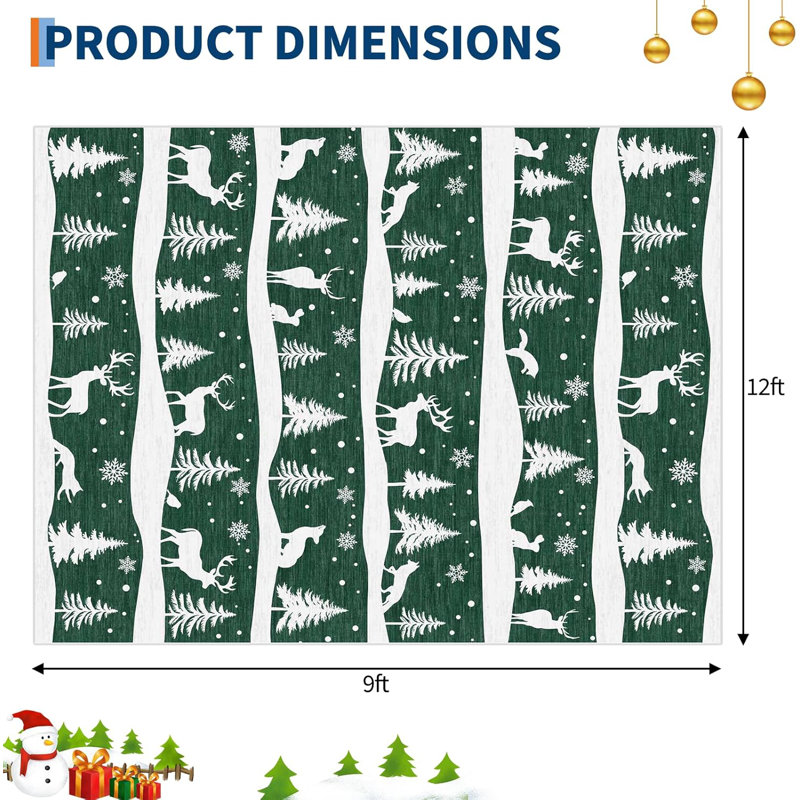 Tapis de Noël lavable à poils courts et antidérapant pour la cuisine, le vestibule ou le salon, Rectangle 9 pi x 12 pi
