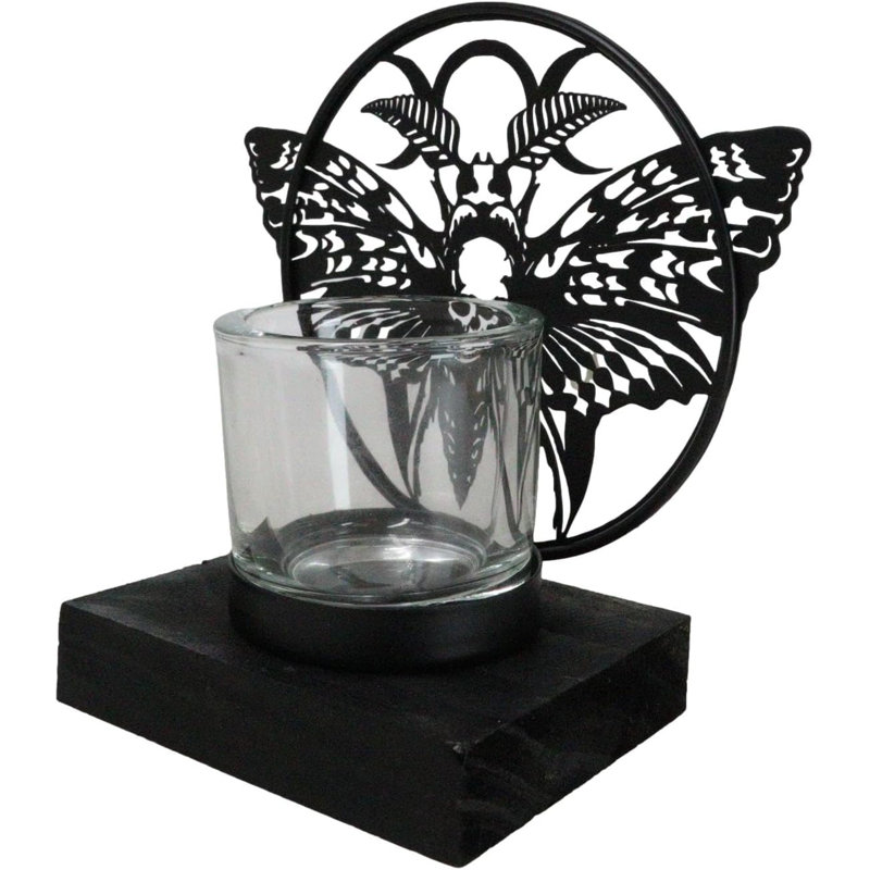 Death's Head Skull Moth Triple Moon Coated Metal Votive Tea Light Candle Holder