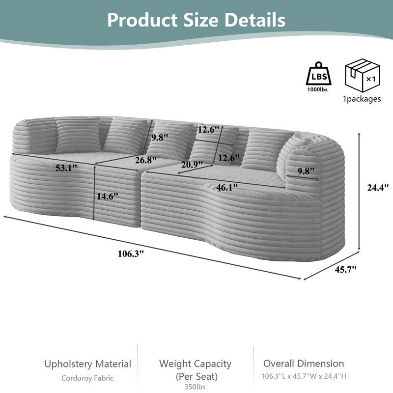 Canapé modulaire courbé 106,3 po Cloud, canapé 4 places en velours côtelé de luxe avec 6 coussins, siège profond en mousse à mémoire de forme, aucun assemblage requis