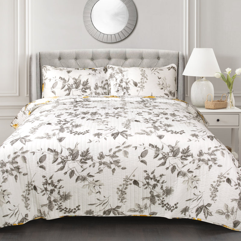 Gray and Yellow Cotton Floral Reversible Full Quilt Set