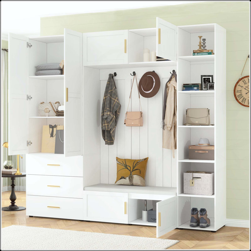 American Style 4-in-1 Hall Tree with Padded Bench and Adjustable Shelves, Ancient White