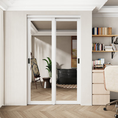 48"x 96" Primed White Interior Mirror Full Lite Sliding Closet Door For Pantry & Closet With Full Hardware Kit
