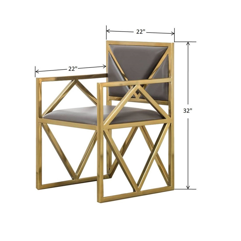Clover Modern Gold Metal Armchair with Top Grain Brown Leather – Geometric Accent Chair , Gold