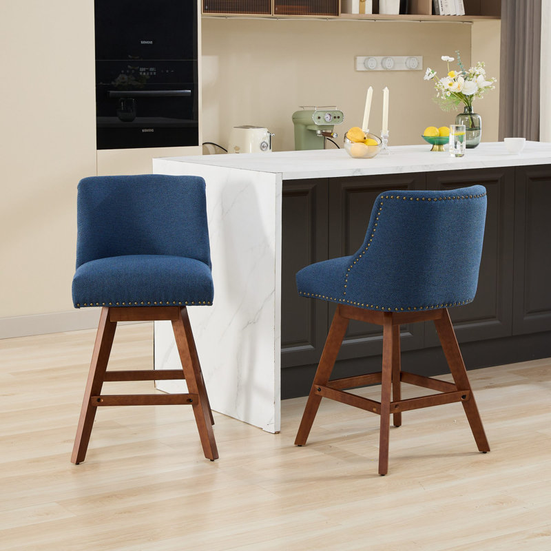 Counter Height Swivel Barstools, 26'' H Seat Height Upholstered Bar Stools Set of 2, Fabric in Blue, Blue