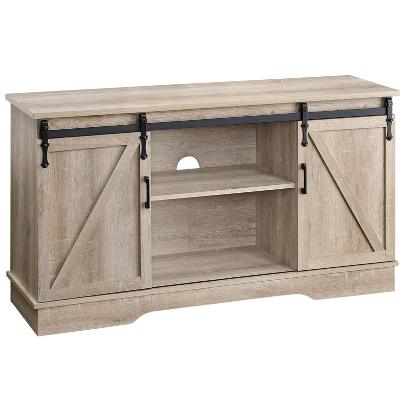 Meuble télé rustique en chêne avec 2 portes coulissantes et rangement multimédia 65 po