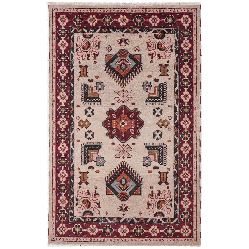 Tapis d'intérieur rectangulaire oriental en soie et laine crème et rouge, noué à la main, fait main