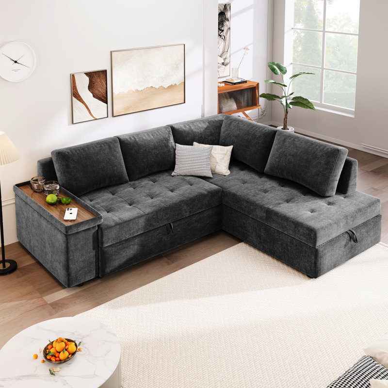 Lit avec rangement en L en gris - idéal pour les espaces de détente Canapé avec fonction escamotable et caché