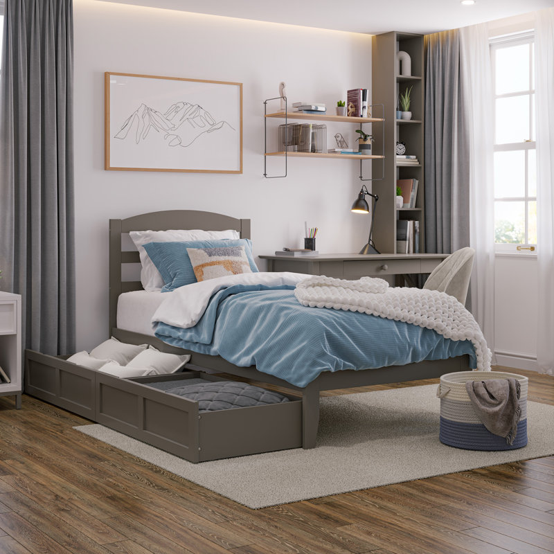 Elliana Solid Wood Platform Bed with Storage Drawers & Built-in Charging Station, Twin, Gray