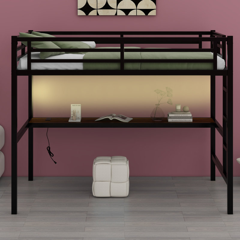 Metal Loft Bed With Power Outlet And LED Lighted, Space-Saving