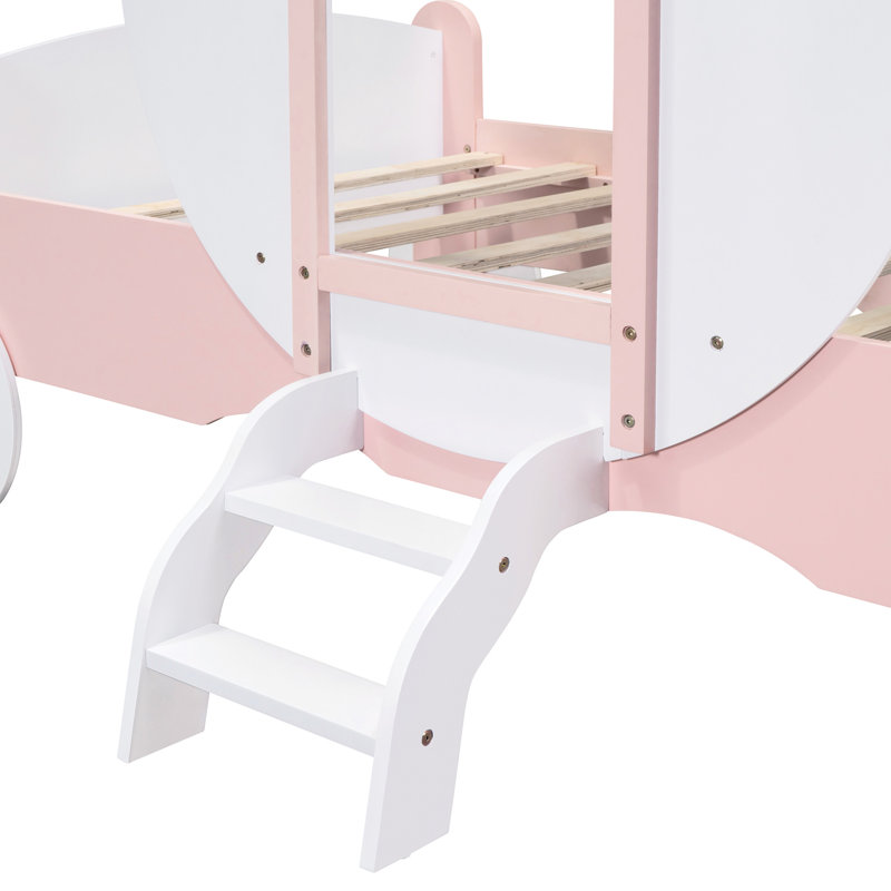 Carriage Bed Twin Size, White + Pink Wood Platform Car Bed, High - Quality , 350Lbs Weight, Strong Plywood, 10 Slats For Stability Size With Crown, And Load Capacity Support