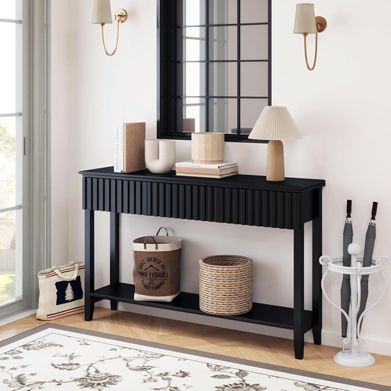 51.18" Black Modern Fluted Console Table with 3 Drawers and Open Storage Shelf, Single-layer 