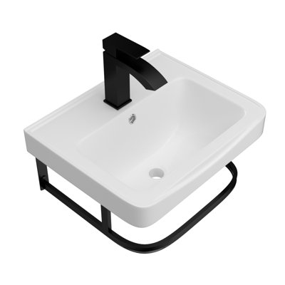 Modern Ceramic Bathroom Sink Wall-mounted With Black Towel Bar & Faucet - Compact For Small Spaces
