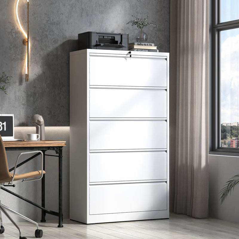 Classeur en métal verrouillable à 5 tiroirs, armoire de bureau à domicile blanche avec amplement de rangement latéral verrouillable