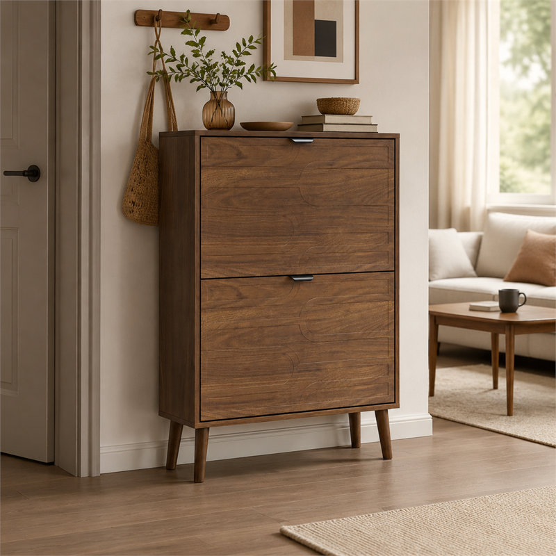 Meuble à chaussures rabattable en noyer, panneaux à trombones et pieds en bois, H 39,08 po x l 23,71 po x P 9,53 po