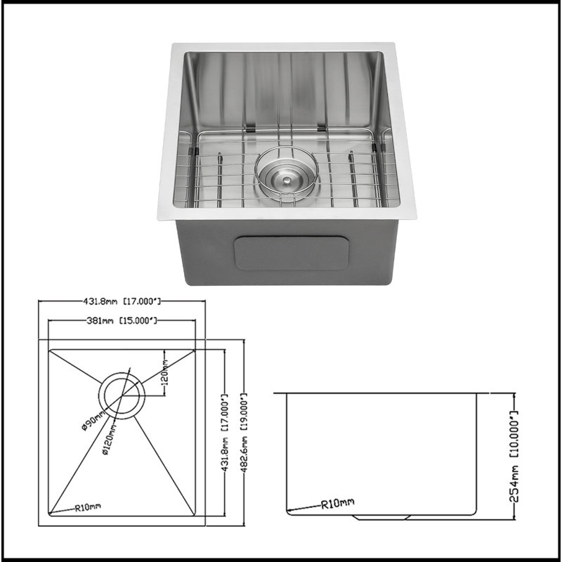 Évier de cuisine encastrable 17 po - 17 po x 19 po x 10 po - Évier de cuisine à simple cuve de calibre 16 - Bar encastré 10 po