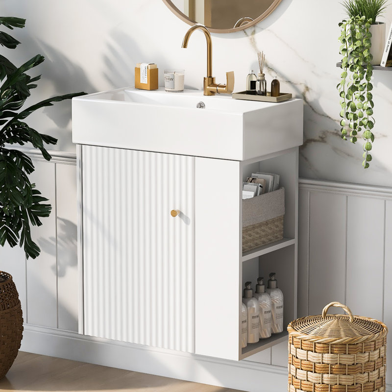 [Vidéo] Meuble-lavabo flottant moderne de 21,6 po avec lavabo en céramique - parfait pour les petites salles de bain, rangement à droite