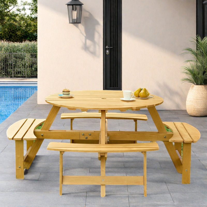 Table de pique-nique d'extérieur pour 8 personnes avec 4 bancs intégrés et trou pour parasol, Jaune