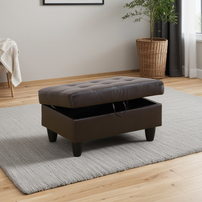 Faux Leather Ottoman, Black, Brown Faux Leather