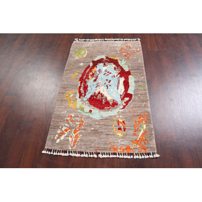 Tapis beige en laine noué à la main de conception unique 2 pi 7 po x 4 pi 0 po Luccas