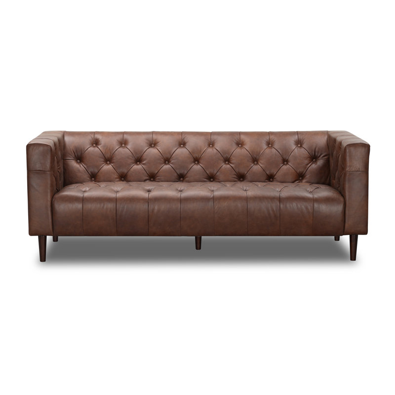  84'' Genuine Leather Chesterfield Sofa, Vintage Tobacco Top Grain Leather