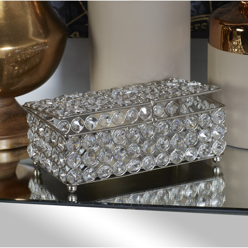 Silver Metal Rectangular Jewelry Box with Rhinestone Embellishments