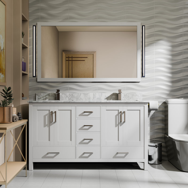Ensemble de meuble-lavabo double 60 po Jacques, Blanc, Marbre de Carrare blanc