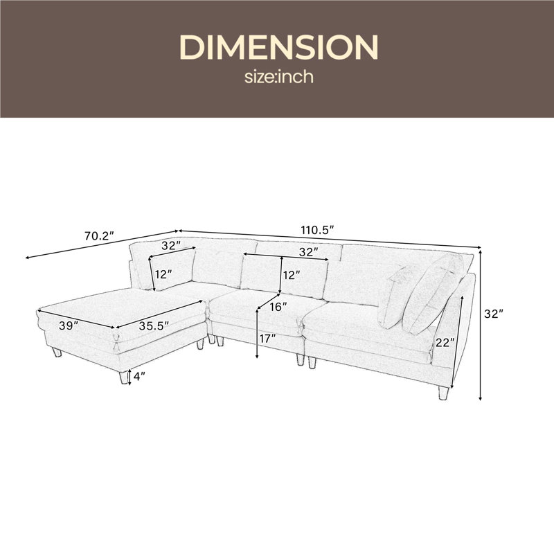Canapé modulaire moderne avec repose-pieds mobile, ensemble de canapés 4 places de 110 pouces avec 5 coussins, conception unique à passepoil, canapé convertible en forme de L pour le salon, le bureau et les pièces spacieuses