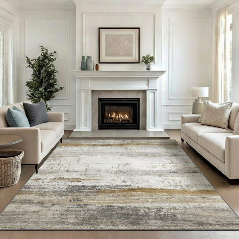 Modern Abstract Gray/White/Gold Machine Washable Area Rug, Rectangle 8' x 10'