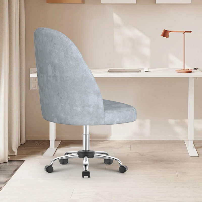 Armless Wide Desk Chair with Wheels, Velvet Swivel Office Chair, Grey