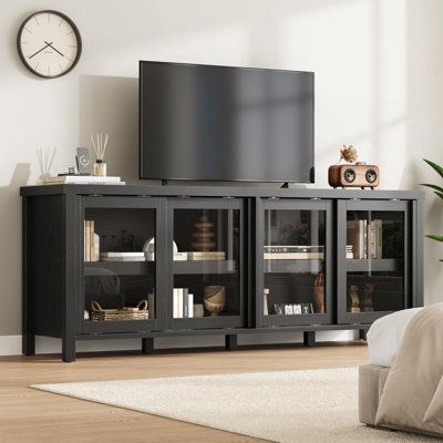 Modern Media Console Table, TV Stand for 65" TV, Entertainment Center with Storage Cabinet & 4 Sliding Glass Doors, Black