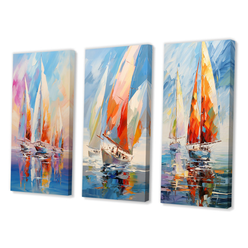 "Voiliers abstraits" - 3 pièces sur toile, Toile tendue, H 40 po x l 60 po