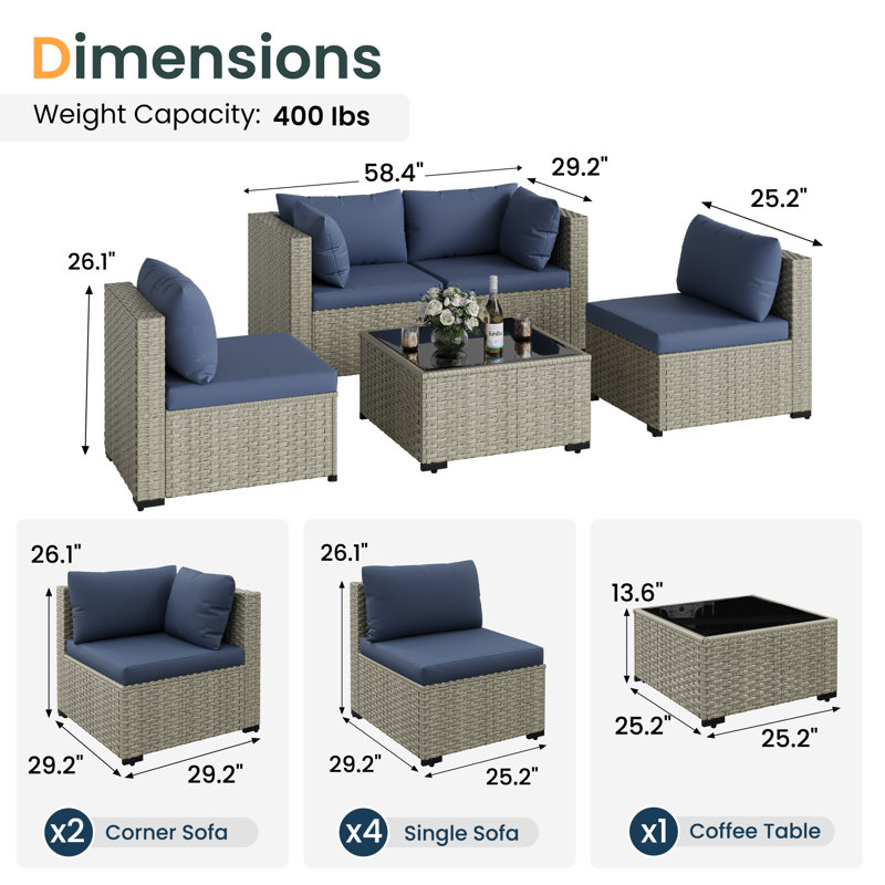 5 Pieces Patio Conversation Set, Navy