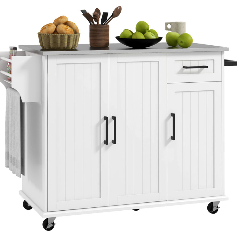 Poste de travail portatif avec îlot de cuisine avec tiroir - blanc, comptoir en acier inoxydable, 3 armoires, étagère à épices, support à serviettes, îlot roulant blanc, surface, tiroir et pour le travail productif