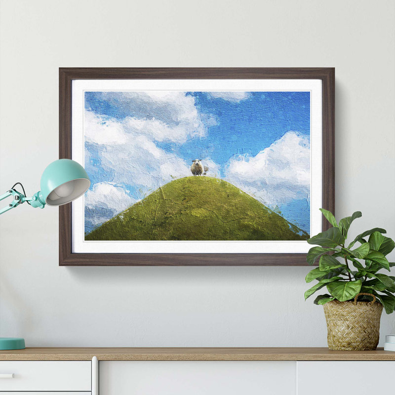 Sheep Atop a Hill - Picture Frame Painting Print, Walnut Framed, 27cm H x 36cm W x 2cm D
