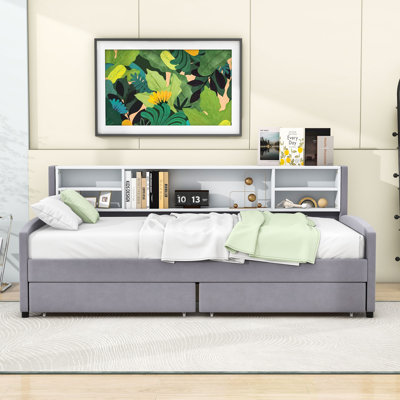 Twin Upholstered Platform Bed with Storage Shelves and 2 Drawers