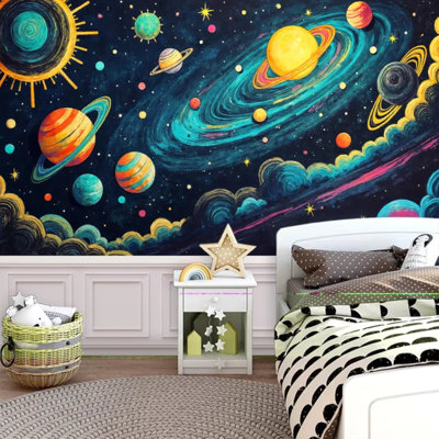 Colorful Galaxy Planet Space Wallpaper Mural, Hand Painted Cosmic Universe Wall Art For Kids Bedroom Playroom Nursery, Fantasy Outer Space Décor