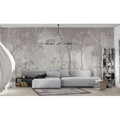 Papier peint mural à motif de cerfs dans une forêt brumeuse et douce | Papier peint taupe neutre à motif de forêt | Intissé ou autocollant