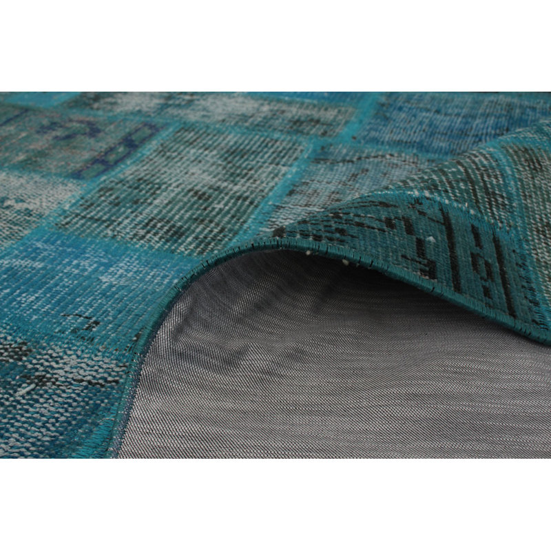 Tapis décoratif turquoise en laine de conception unique 6 pi 11 po X 9 pi 10 po noué à la main