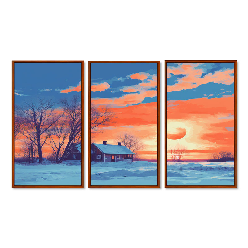 Coucher de soleil rouge sur une maison de campagne enneigée - ensemble de salon d'art mural paysage, Cadre flottant brun