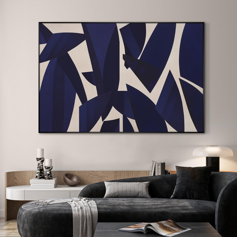 Extra Large Wall Art Fabric Print - Navy Geometric Leaf Abstract Contemporary Botanical Shapes Illustration Artwork Decor for Living Room or Bedroom - "Frame Assembly Required (Unfinished Frame)"