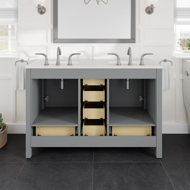 Aberdeen Meuble-lavabo double gris avec comptoir en quartz de Carrare et lavabos en porcelaine encastrés