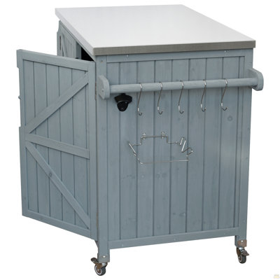 42.1" Outdoor Kitchen Island with Side Shelf, Outdoor Grill Cart with Storage Cabinet, Outdoor Kitchen Cabinet with Stainless Steel Top,  Adjustable Shelf and 4  Wheels for Pizza Prep, Grey