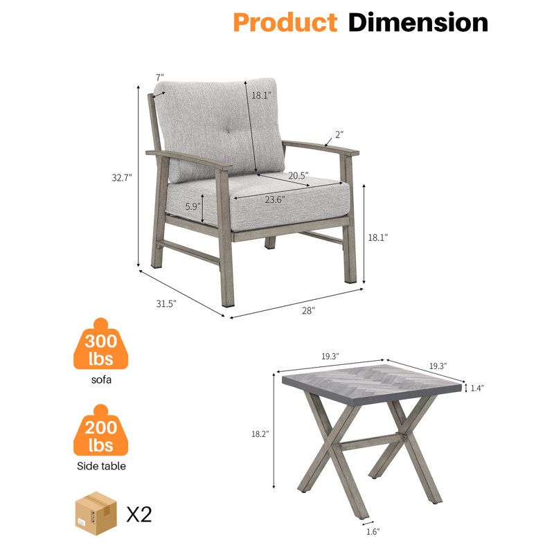 Seehill Aluminum Patio Furniture Set, 3 Pieces Outdoor Patio Bistro Set With Washable Thick Cushions, All Weather Patio Conversation Set With Coffee Table For Porch, Balcony, Lawn, Limed Oak