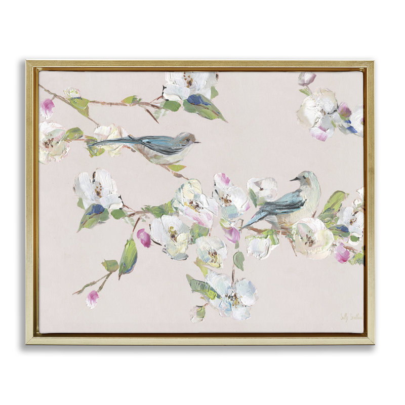 Fleurs et oiseaux doux au printemps, Cadre flottant métallique doré, H 25 po x l 31 po