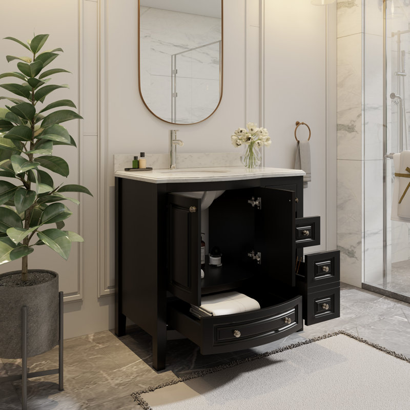 Meuble-lavabo simple 36 po avec plateau en pierre d'ingénierie, lavabo en céramique, peinture à la main Mandilyn, Noir